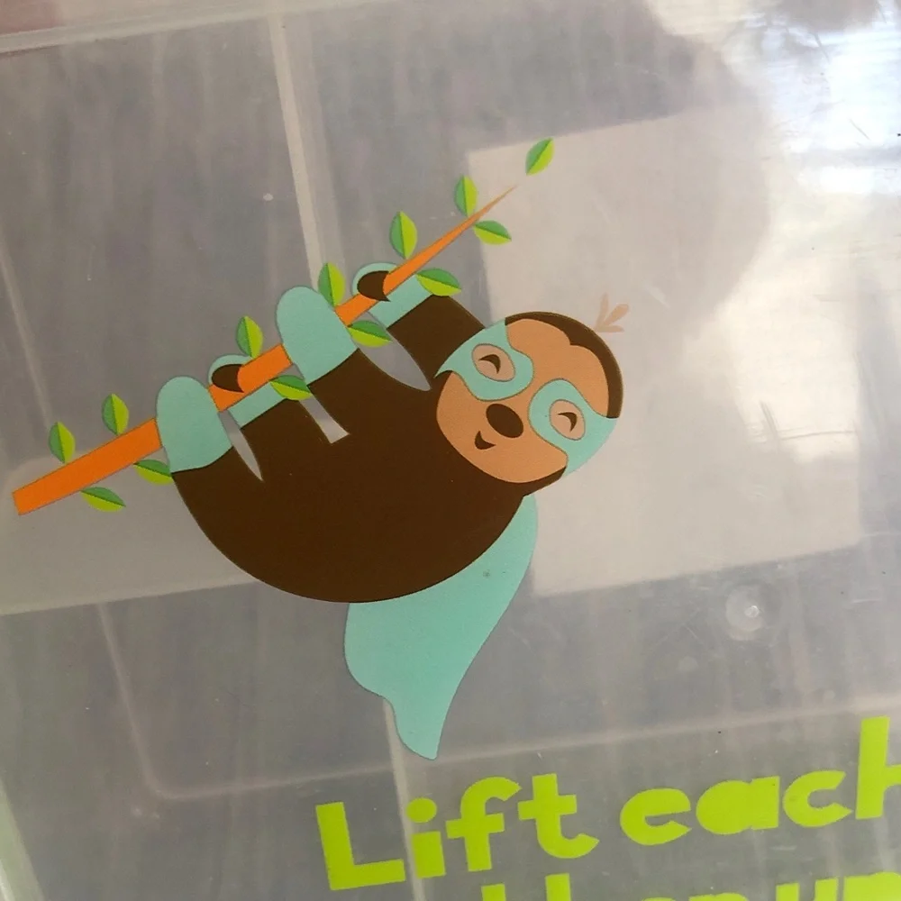SLOTH themed rectangle Tupperware like container food storage with 3 sections
